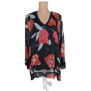 Go Silk Floral Print V-Neck Tunic Blouse 3/4 Sleeve Art Flowy Blue Red 1X